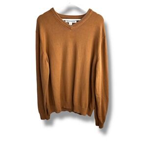 Amazon Essentials Mens XL V-Neck Sweater Camel Brown 100% Cotton Knit Pullover